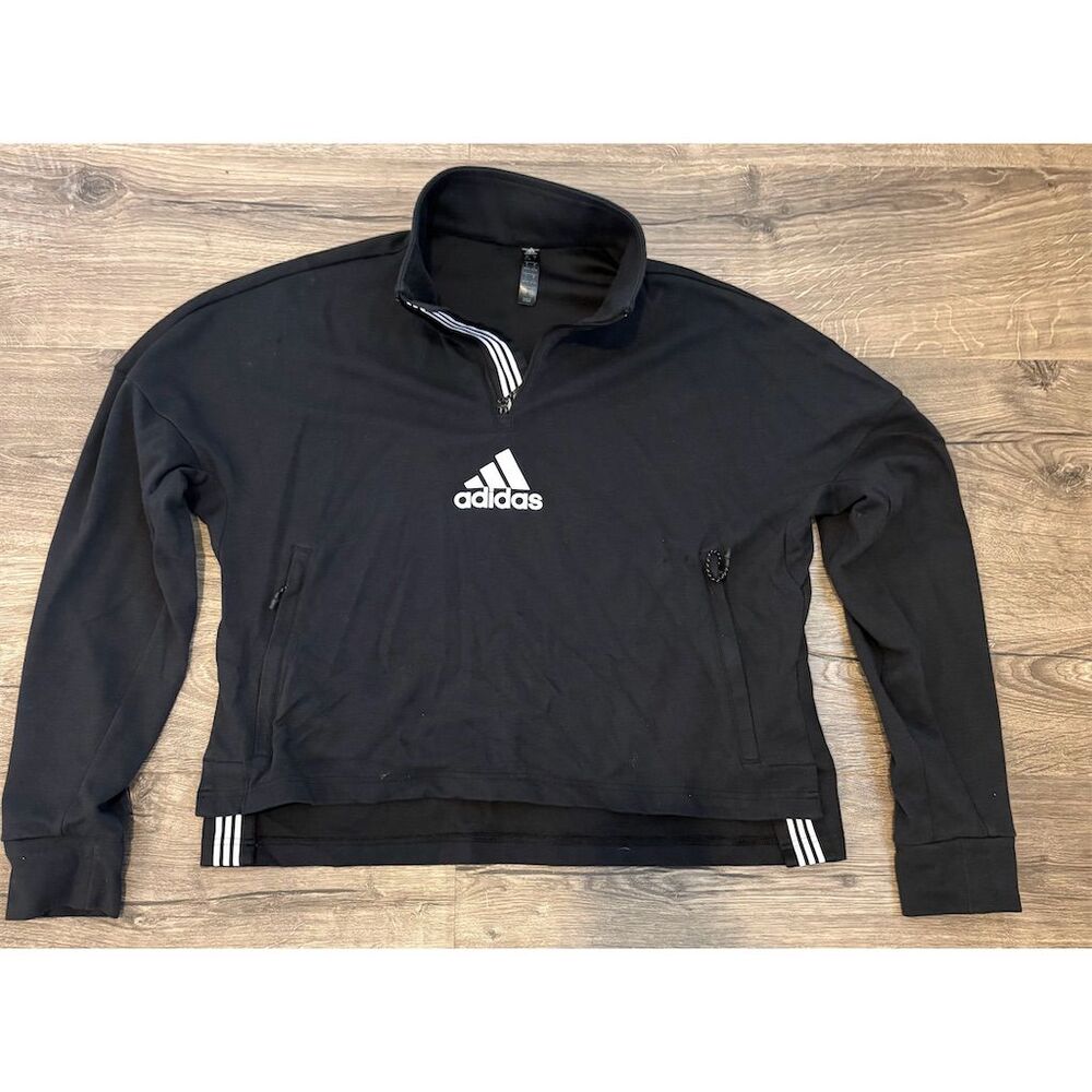 Adidas Women's Black 3-Stripes Cropped Quarter-Zip Sweatshirt Size Large‎